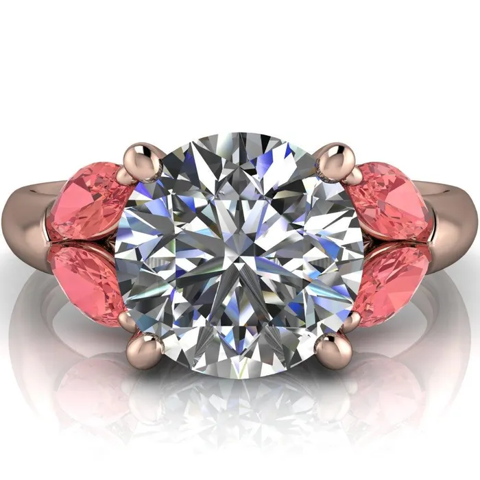 Fire Brilliance Adrenne Round Center Stone 4 Prong Double Padparadscha Sapphire Marquise Side Ring Rings