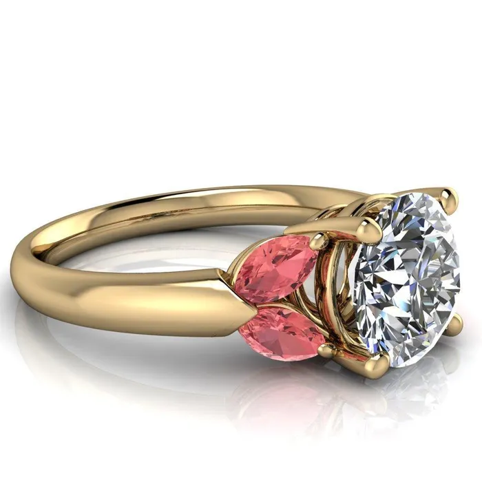 Fire Brilliance Adrenne Round Center Stone 4 Prong Double Padparadscha Sapphire Marquise Side Ring Rings
