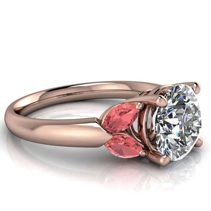 Fire Brilliance Adrenne Round Center Stone 4 Prong Double Padparadscha Sapphire Marquise Side Ring Rings