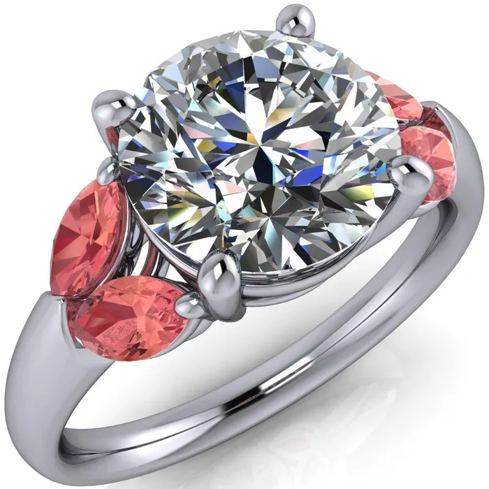 Fire Brilliance Adrenne Round Center Stone 4 Prong Double Padparadscha Sapphire Marquise Side Ring Rings