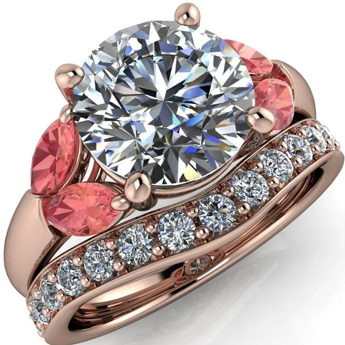 Fire Brilliance Adrenne Round Center Stone 4 Prong Double Padparadscha Sapphire Marquise Side Ring Rings