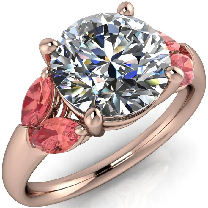 Fire Brilliance Adrenne Round Center Stone 4 Prong Double Padparadscha Sapphire Marquise Side Ring Rings