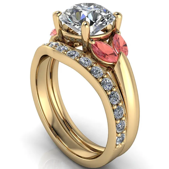 Fire Brilliance Adrenne Round Center Stone 4 Prong Double Padparadscha Sapphire Marquise Side Ring Rings