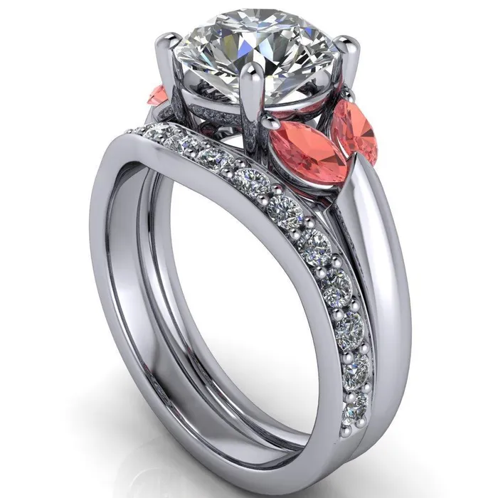 Fire Brilliance Adrenne Round Center Stone 4 Prong Double Padparadscha Sapphire Marquise Side Ring Rings