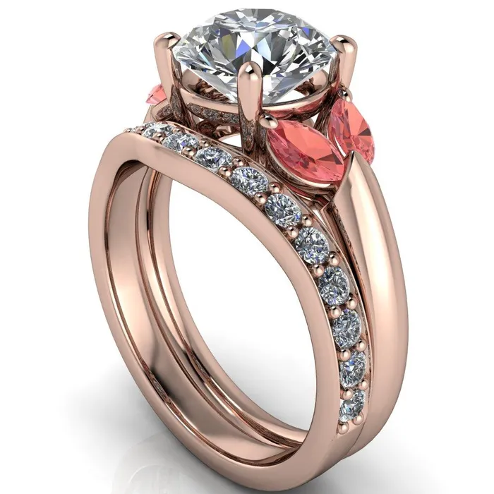 Fire Brilliance Adrenne Round Center Stone 4 Prong Double Padparadscha Sapphire Marquise Side Ring Rings