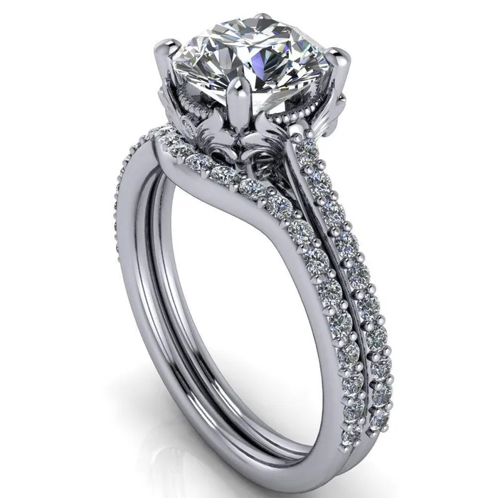 Fire Brilliance Amos Round Center Stone Filigree Basket Design and Diamond Cathedral Setting Ring Rings