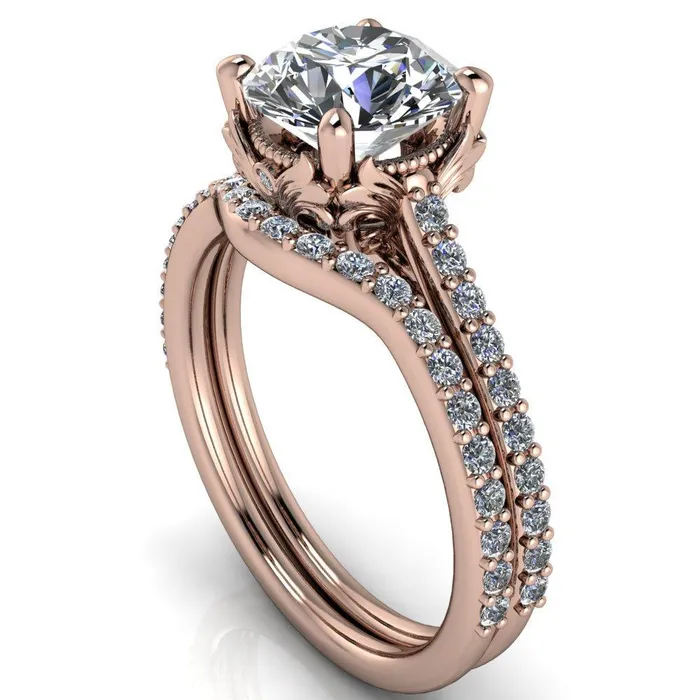 Fire Brilliance Amos Round Center Stone Filigree Basket Design and Diamond Cathedral Setting Ring Rings