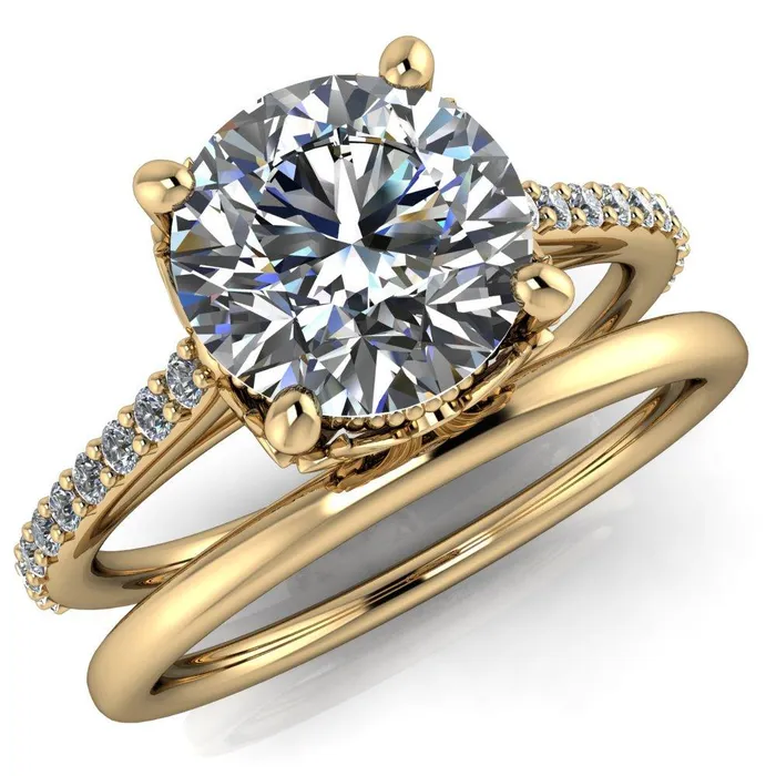Fire Brilliance Amos Round Center Stone Filigree Basket Design and Diamond Cathedral Setting Ring Rings
