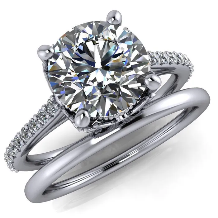 Fire Brilliance Amos Round Center Stone Filigree Basket Design and Diamond Cathedral Setting Ring Rings