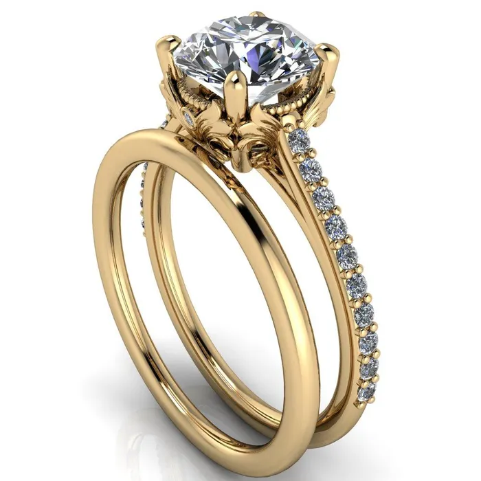 Fire Brilliance Amos Round Center Stone Filigree Basket Design and Diamond Cathedral Setting Ring Rings