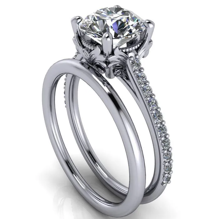 Fire Brilliance Amos Round Center Stone Filigree Basket Design and Diamond Cathedral Setting Ring Rings