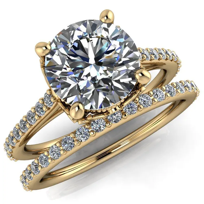 Fire Brilliance Amos Round Center Stone Filigree Basket Design and Diamond Cathedral Setting Ring Rings