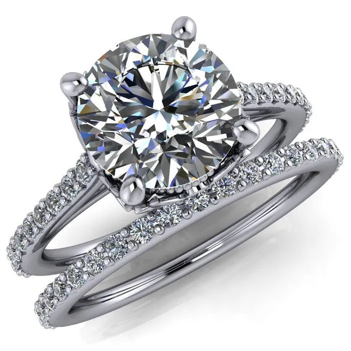Fire Brilliance Amos Round Center Stone Filigree Basket Design and Diamond Cathedral Setting Ring Rings