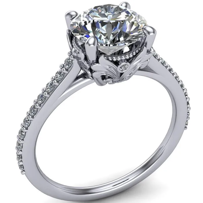 Fire Brilliance Amos Round Center Stone Filigree Basket Design and Diamond Cathedral Setting Ring Rings