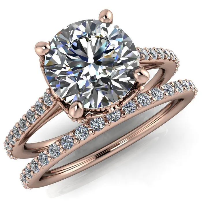 Fire Brilliance Amos Round Center Stone Filigree Basket Design and Diamond Cathedral Setting Ring Rings