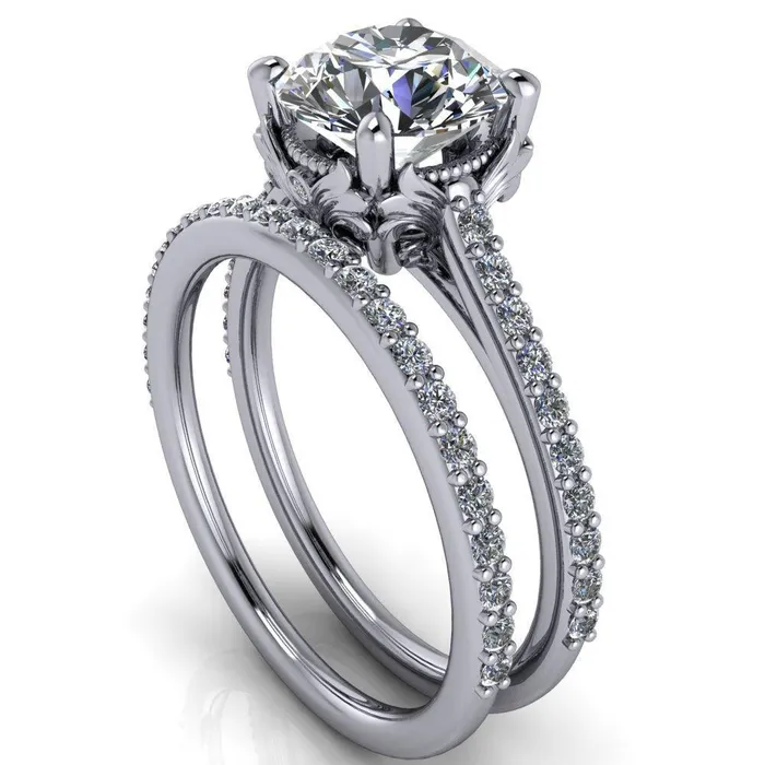 Fire Brilliance Amos Round Center Stone Filigree Basket Design and Diamond Cathedral Setting Ring Rings