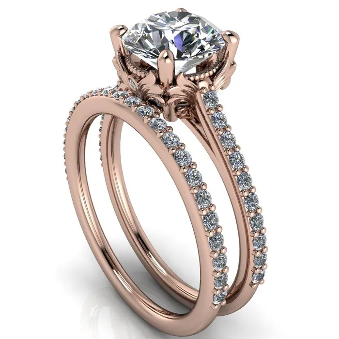 Fire Brilliance Amos Round Center Stone Filigree Basket Design and Diamond Cathedral Setting Ring Rings