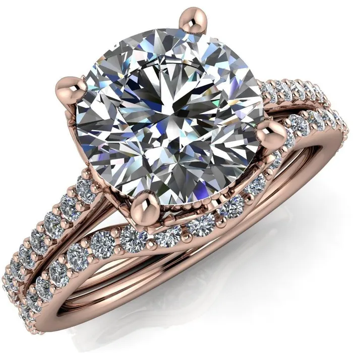 Fire Brilliance Amos Round Center Stone Filigree Basket Design and Diamond Cathedral Setting Ring Rings
