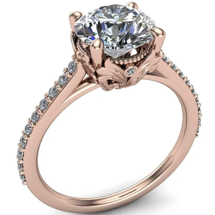 Fire Brilliance Amos Round Center Stone Filigree Basket Design and Diamond Cathedral Setting Ring Rings