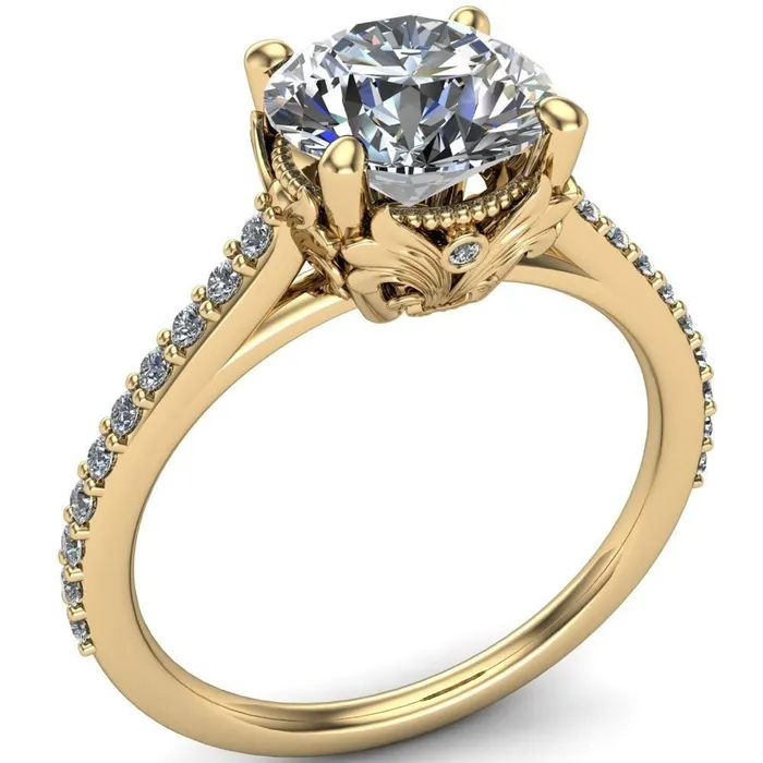 Fire Brilliance Amos Round Center Stone Filigree Basket Design and Diamond Cathedral Setting Ring Rings
