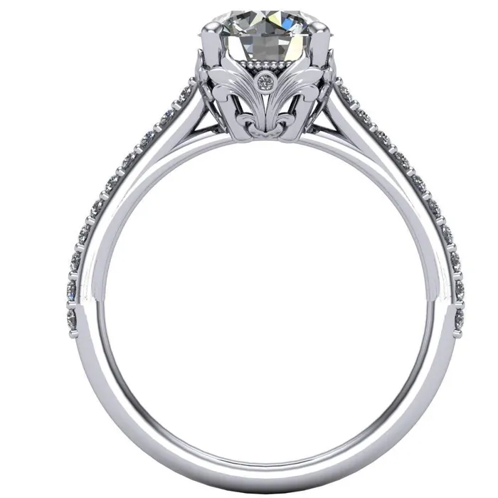 Fire Brilliance Amos Round Center Stone Filigree Basket Design and Diamond Cathedral Setting Ring Rings