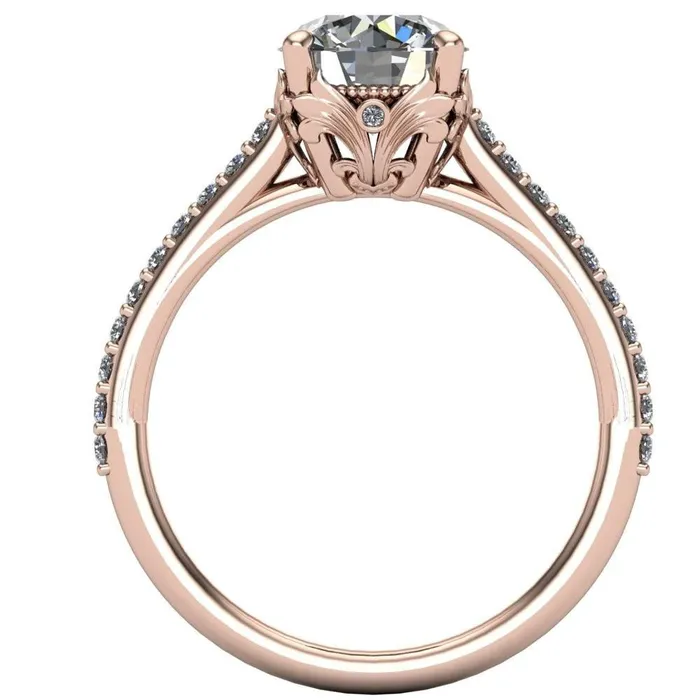 Fire Brilliance Amos Round Center Stone Filigree Basket Design and Diamond Cathedral Setting Ring Rings