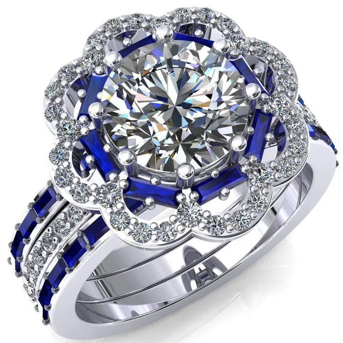 Fire Brilliance Camelia Round Center Stone Accent Diamond and Blue Sapphire Halo Ring Rings Fire Brilliance Camelia Round Center Stone Accent Diamond and Blue Sapphire Halo Ring Rings