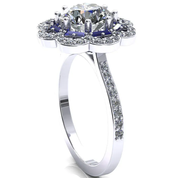 Fire Brilliance Camelia Round Center Stone Accent Diamond and Blue Sapphire Halo Ring Rings