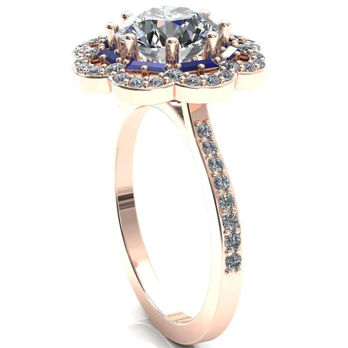 Fire Brilliance Camelia Round Center Stone Accent Diamond and Blue Sapphire Halo Ring Rings