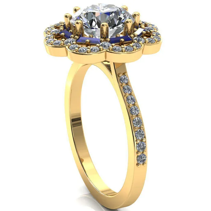 Fire Brilliance Camelia Round Center Stone Accent Diamond and Blue Sapphire Halo Ring Rings