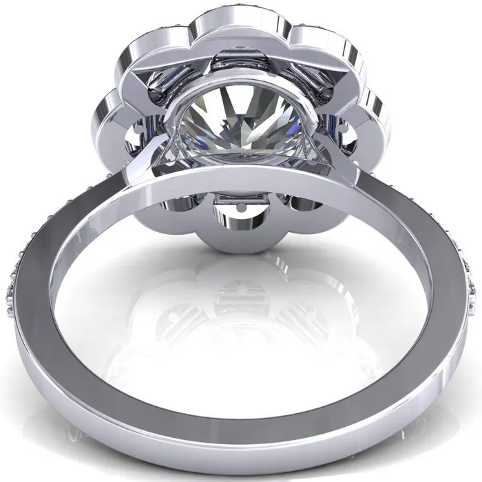 Fire Brilliance Camelia Round Center Stone Accent Diamond and Blue Sapphire Halo Ring Rings