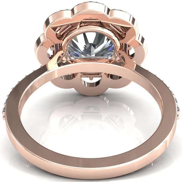 Fire Brilliance Camelia Round Center Stone Accent Diamond and Blue Sapphire Halo Ring Rings