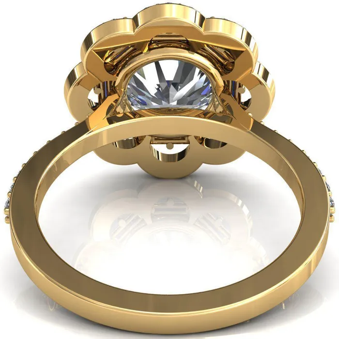 Fire Brilliance Camelia Round Center Stone Accent Diamond and Blue Sapphire Halo Ring Rings