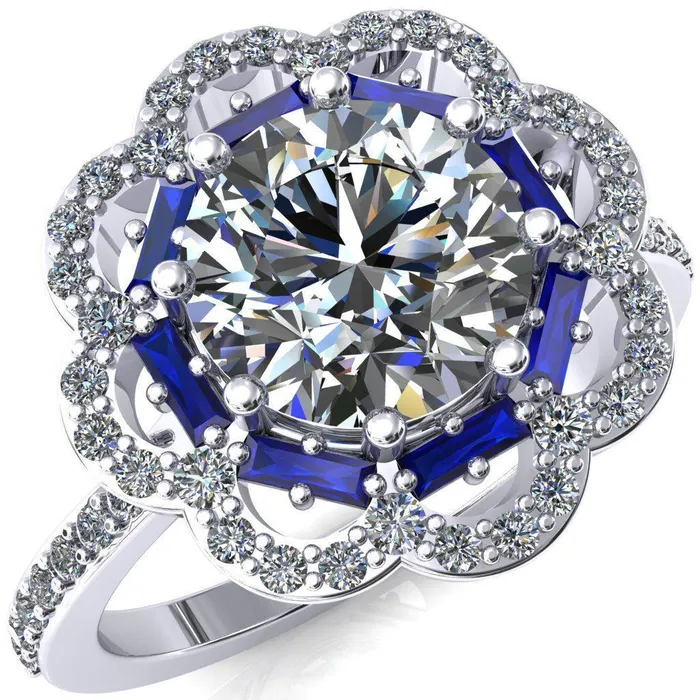 Fire Brilliance Camelia Round Center Stone Accent Diamond and Blue Sapphire Halo Ring Rings