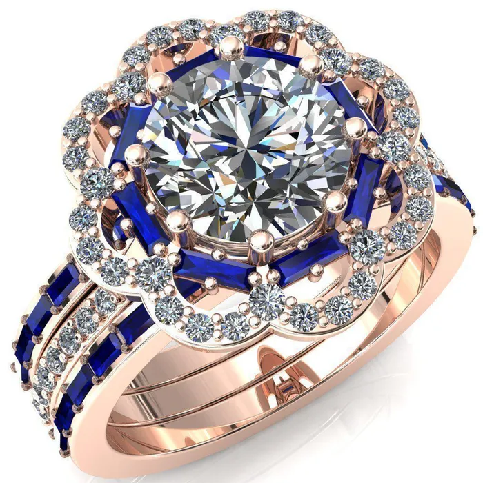 Fire Brilliance Camelia Round Center Stone Accent Diamond and Blue Sapphire Halo Ring Rings
