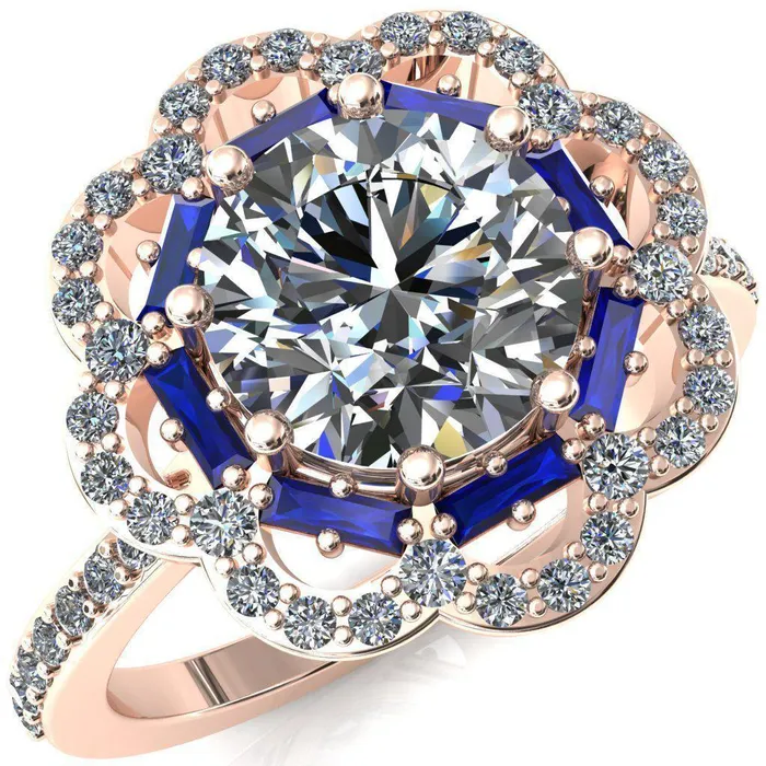 Fire Brilliance Camelia Round Center Stone Accent Diamond and Blue Sapphire Halo Ring Rings