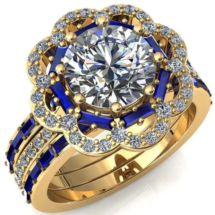 Fire Brilliance Camelia Round Center Stone Accent Diamond and Blue Sapphire Halo Ring Rings