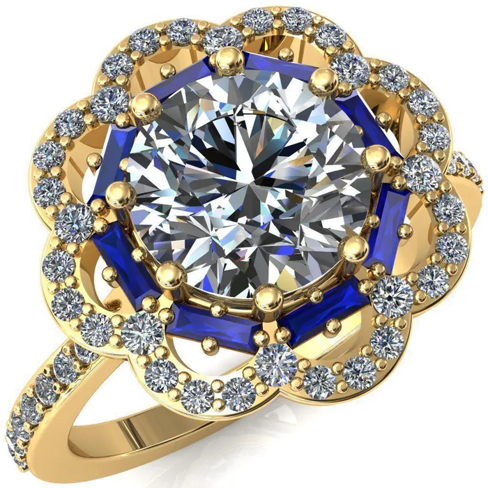 Fire Brilliance Camelia Round Center Stone Accent Diamond and Blue Sapphire Halo Ring Rings