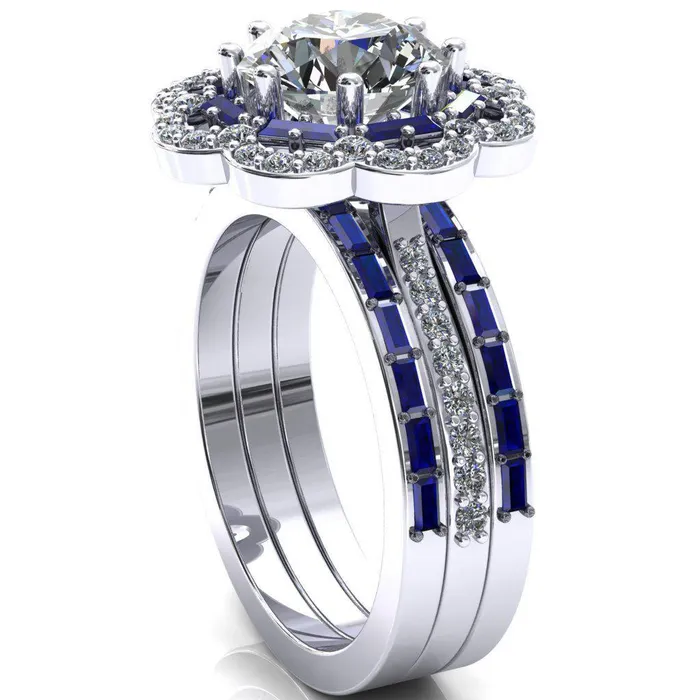 Fire Brilliance Camelia Round Center Stone Accent Diamond and Blue Sapphire Halo Ring Rings