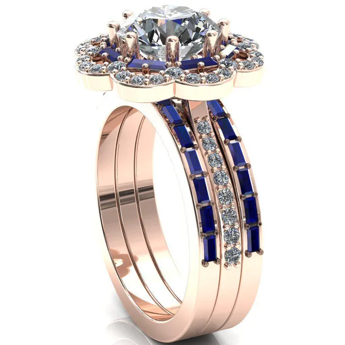 Fire Brilliance Camelia Round Center Stone Accent Diamond and Blue Sapphire Halo Ring Rings
