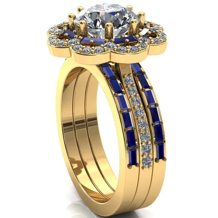 Fire Brilliance Camelia Round Center Stone Accent Diamond and Blue Sapphire Halo Ring Rings