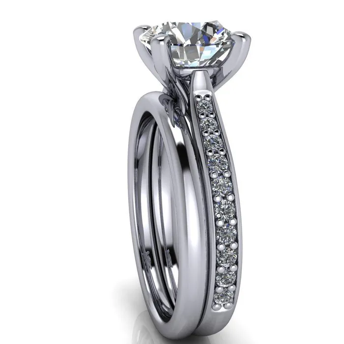 Fire Brilliance Ella Round Center Stone 4 Prong Single Side Diamonds Comfort Fit Engagement Ring Rings
