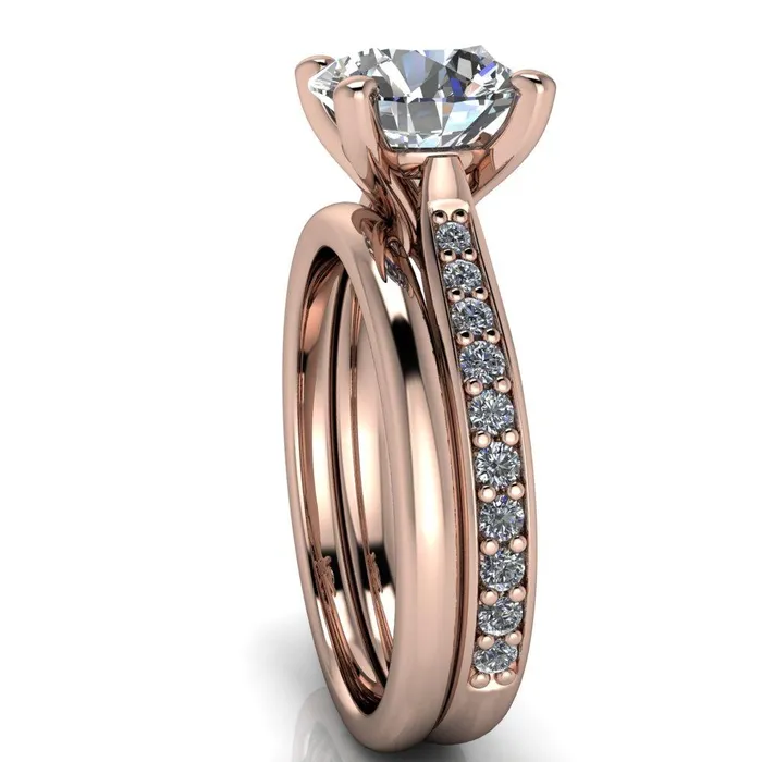 Fire Brilliance Ella Round Center Stone 4 Prong Single Side Diamonds Comfort Fit Engagement Ring Rings