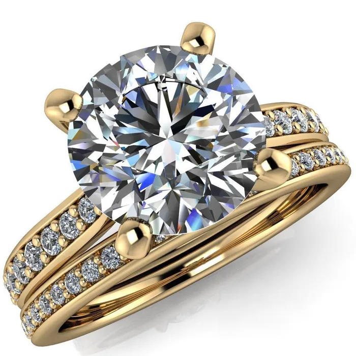 Fire Brilliance Ella Round Center Stone 4 Prong Single Side Diamonds Comfort Fit Engagement Ring Rings