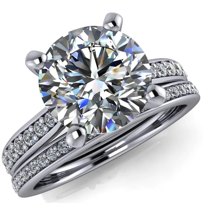 Fire Brilliance Ella Round Center Stone 4 Prong Single Side Diamonds Comfort Fit Engagement Ring Rings