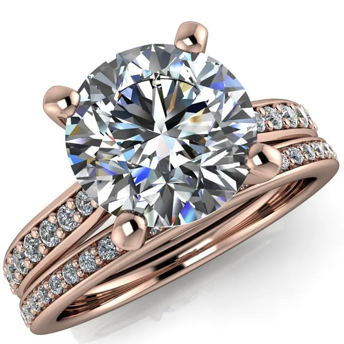 Fire Brilliance Ella Round Center Stone 4 Prong Single Side Diamonds Comfort Fit Engagement Ring Rings