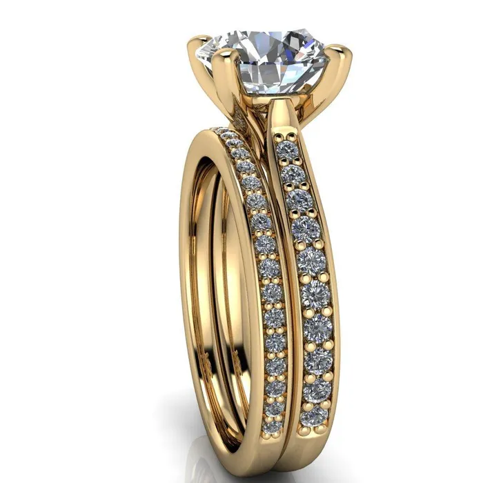 Fire Brilliance Ella Round Center Stone 4 Prong Single Side Diamonds Comfort Fit Engagement Ring Rings