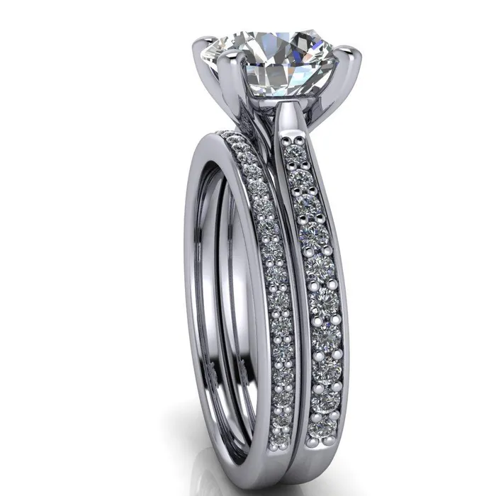 Fire Brilliance Ella Round Center Stone 4 Prong Single Side Diamonds Comfort Fit Engagement Ring Rings