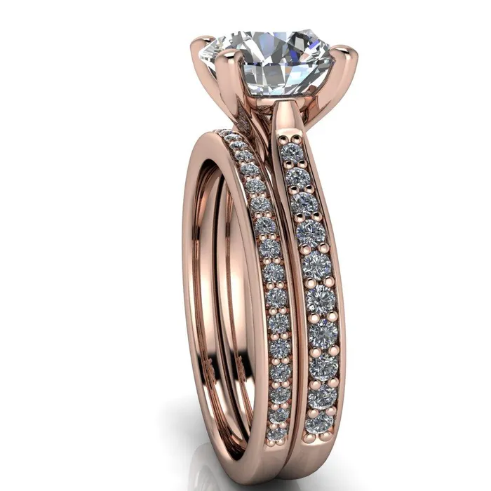 Fire Brilliance Ella Round Center Stone 4 Prong Single Side Diamonds Comfort Fit Engagement Ring Rings