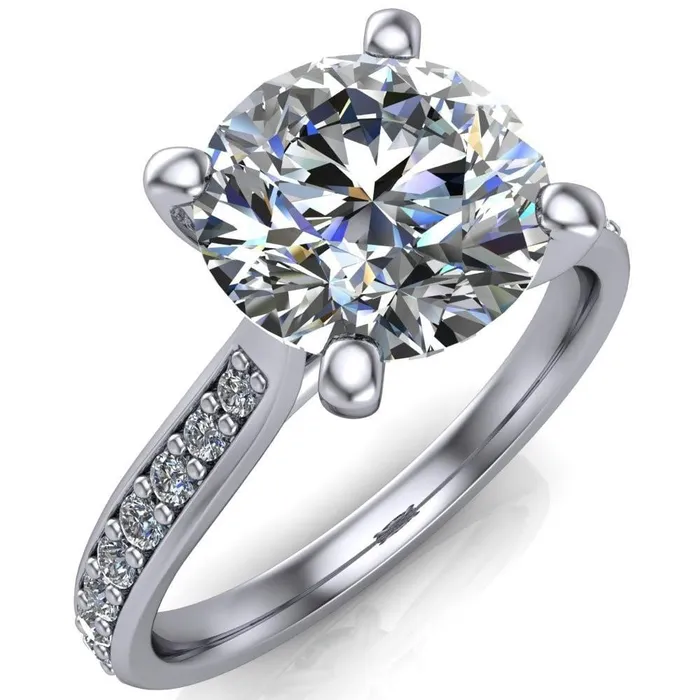 Fire Brilliance Ella Round Center Stone 4 Prong Single Side Diamonds Comfort Fit Engagement Ring Rings